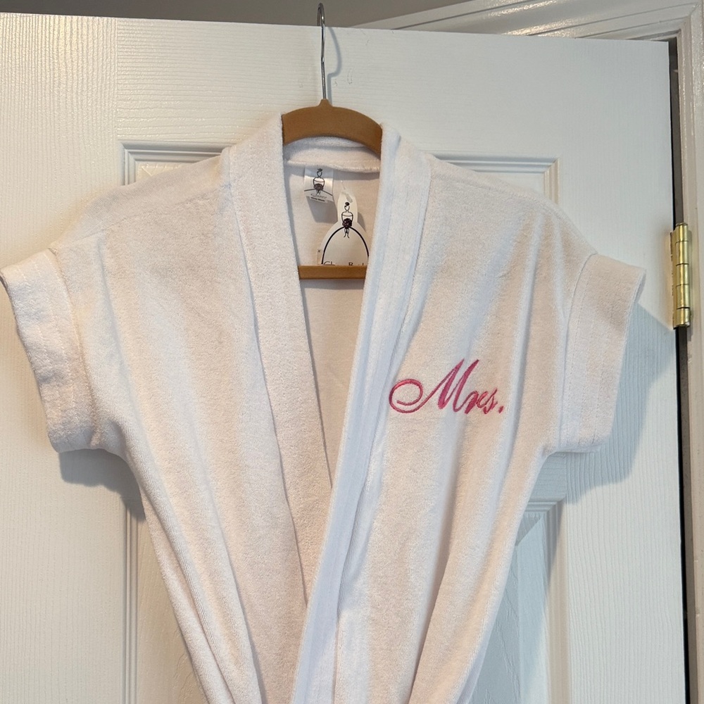 Elegant White Robe with Pink Embroidery of Mrs. For a bride